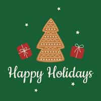 Navidad saludo tarjeta modelo con pan de jengibre, regalos y estrellas. contento Días festivos tarjeta. vector ilustración en plano estilo