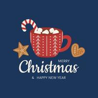 Christmas greeting card template with gingerbread, candy cane and a cup of hot drink with marshmallows. Vector illustration in flat style