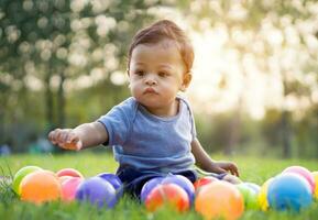 Cute asian baby playing colorful ball in green grass photo