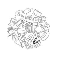 Sketchy vector hand drawn set of Cinema cartoon doodle objects, symbols and items. Round frame composition from movie elements isolated on white background.