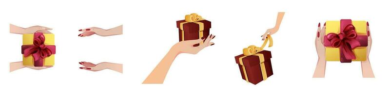 Different hands holding and presenting gift boxes, christmas presents isolated on white background. vector illustration. exchange concept xmas holiday, arms gives new year souvenirs.