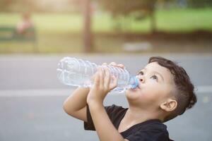 asiático tailandés niños bebida agua en parque foto