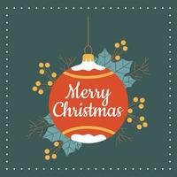 Postcard with text merry christmas with xmas decorations and typography design. vector