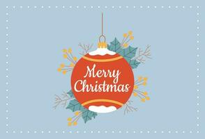 Postcard with text merry christmas with xmas decorations and typography design. vector