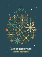 Postcard with text happy new year and merry christmas with xmas decorations and typography design. vector