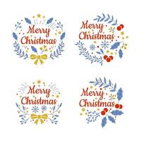 Postcard with text merry christmas with xmas decorations and typography design. vector