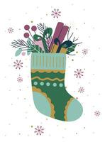 Happy new year and Merry Christmas greeting card with sock and decor, twigs, snowflakes, gift boxes, leaves, cinnamon. vector