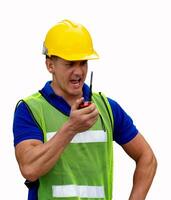 industrial worker using walkie talkie isolated photo