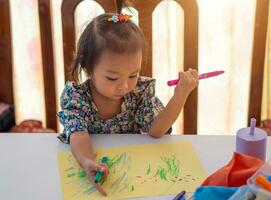 asiático niña años 1 año 2 meses aprendizaje a pintar con de colores bolígrafo. foto