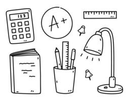 A set of school or student items - book or notebook, calculator, ruler, lamp, pins, glass with stationery. Vector hand-drawn illustration in doodle style. Perfect for logo, decorations, various design