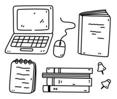 A set of school or student supplies - books and notebooks, laptop with computer mouse, pins. Vector hand-drawn illustration in doodle style. Perfect for logo, decorations, various designs.