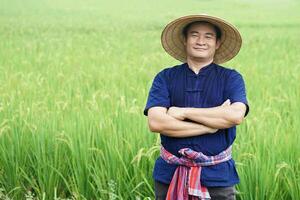 hermoso asiático hombre granjero es a arrozal campo, usa sombrero, azul camisa, tailandés taparrabo atado alrededor cintura, cruzar brazos en pecho. concepto, agricultura ocupación, tailandés agricultor. foto