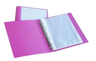 Pink folders or binders for keeping document isolated on white background. Concept,  equipment for office works, business, education or others. photo