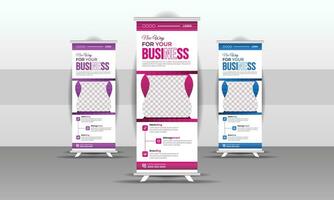 Roll-up banner design stands template arrangement featuring three designs and three colors for agencies. vector