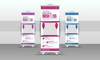 Roll-up banner design stands template arrangement featuring three designs and three colors for agencies. vector