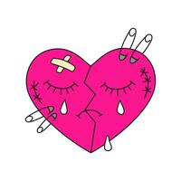 Broken heart with safety pins. Emo Y2k style. Black subculture. Vector flat illustration isolated on white background.
