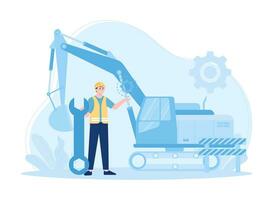 un hombre es comprobación pesado equipo para trabajo en un edificio concepto plano ilustración vector