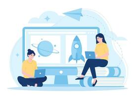 two women search the web for science to learn concept flat illustration vector