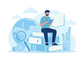 students sit on piles of books and read in search of knowledge concept flat illustration vector