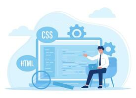 programmers learn programming through computers on websites concept flat illustration vector