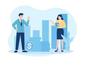 Male and female characters are arranging a schedule for a business concept flat illustration vector