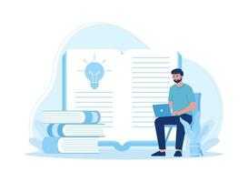 The male character is reading and searching to increase his knowledge concept flat illustration vector