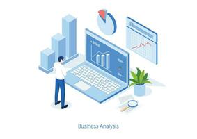 Isometric business man working for data analytics and monitoring on web report dashboard monitor and business finance. illustrator vector