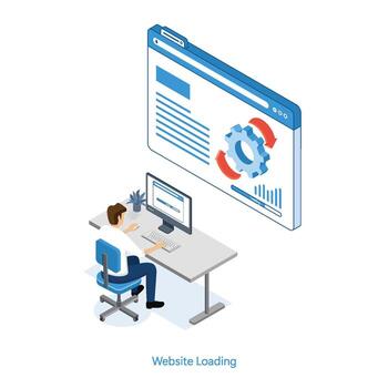 Man using web browser processing with computer. Isometric vector. vector