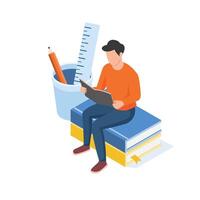 hombre estudiando en libros aprendizaje y educando ellos mismos isométrica vector ilustración.