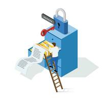 Document archiving and storage. Business people search files in archives with locks and key. Isometric Security Concept. vector