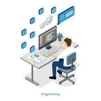 Programmer at work concept banner. Coder Engineer At Workplace. Isometric Vector Illustration.