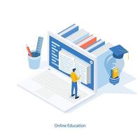 concepto de educación en línea isométrica, e learning y cursos para adultos. escuela de idiomas a distancia. Ilustración de vector 3d moderno para sitio web, diseño de banner, video tutorial, plantilla de página de destino