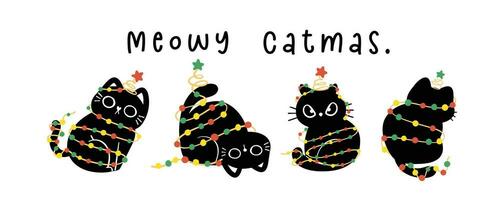 Group of Cute Christmas Black Cats adorned with lights, Meowy Catmas, humor banner and greeting card, Funny and Playful Cartoon Illustration. vector