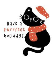 Cute Christmas Black Cat in red scarf, humor greeting card, Funny and Playful Cartoon Illustration. vector