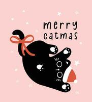 Cute Christmas Black Cat with Santa Hat, purrfect holidays, humor greeting card, Funny and Playful Cartoon Illustration. vector