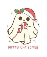 Cute and Kawaii Christmas Ghost. Festive Holiday Cartoon Hand Drawing with adorable pose. vector