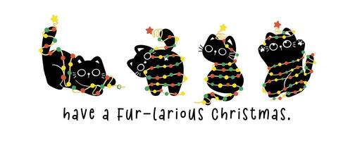 Group of Cute Christmas Black Cats adorned with lights, humor banner and greeting card, Funny and Playful Cartoon Illustration. vector