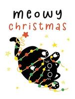 Cute Christmas Black Cat adorned with lights, Funny and Playful Cartoon Illustration. vector