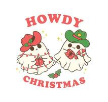 Cute and Kawaii Christmas Cowboy Ghosts. Festive Holiday Cartoon Hand Drawing with Adorable Pose vector