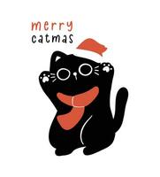 Cute Christmas Black Cat in red scarf, humor greeting card, Funny and Playful Cartoon Illustration. vector