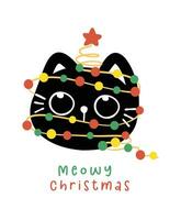 linda Navidad negro gatos adornado con luces, miau Navidad, humor saludo tarjeta, gracioso y juguetón dibujos animados ilustración. vector