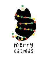 Cute Christmas Black Cats adorned with lights, Merry Catmas, humor banner and greeting card, Funny and Playful Cartoon Illustration. vector