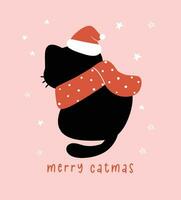 Cute Christmas Black Cat, merry catmas, humor greeting card, Funny and Playful Cartoon Illustration. vector