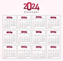 Calendar for 2024, Week starts on Sunday vector