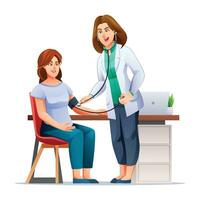 Doctor measuring blood pressure to female patient. Healthcare medical examination concept. Vector cartoon illustration