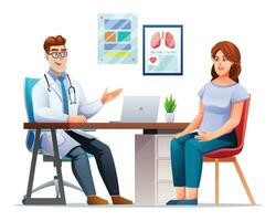 Doctor talking to woman patient in clinic. Medical consultation concept. Vector cartoon character illustration