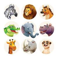 Animal avatar characters set. Cute savannah animal faces in cartoon style vector