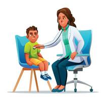 Woman Pediatrician examines the chest of a little boy with a stethoscope. Vector cartoon character illustration