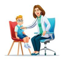 Pediatrician examines the chest of a little boy with a stethoscope. Vector cartoon character illustration