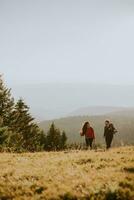 Smiling couple walking with backpacks over green hills photo